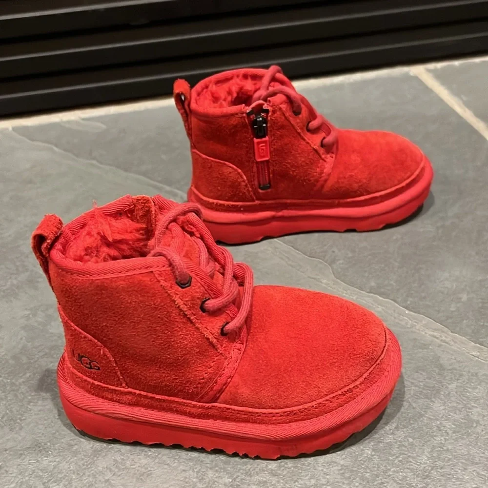 UGG Kids Neumel II Red Suede Lace Up Ankle Boots Size 9 Toddler